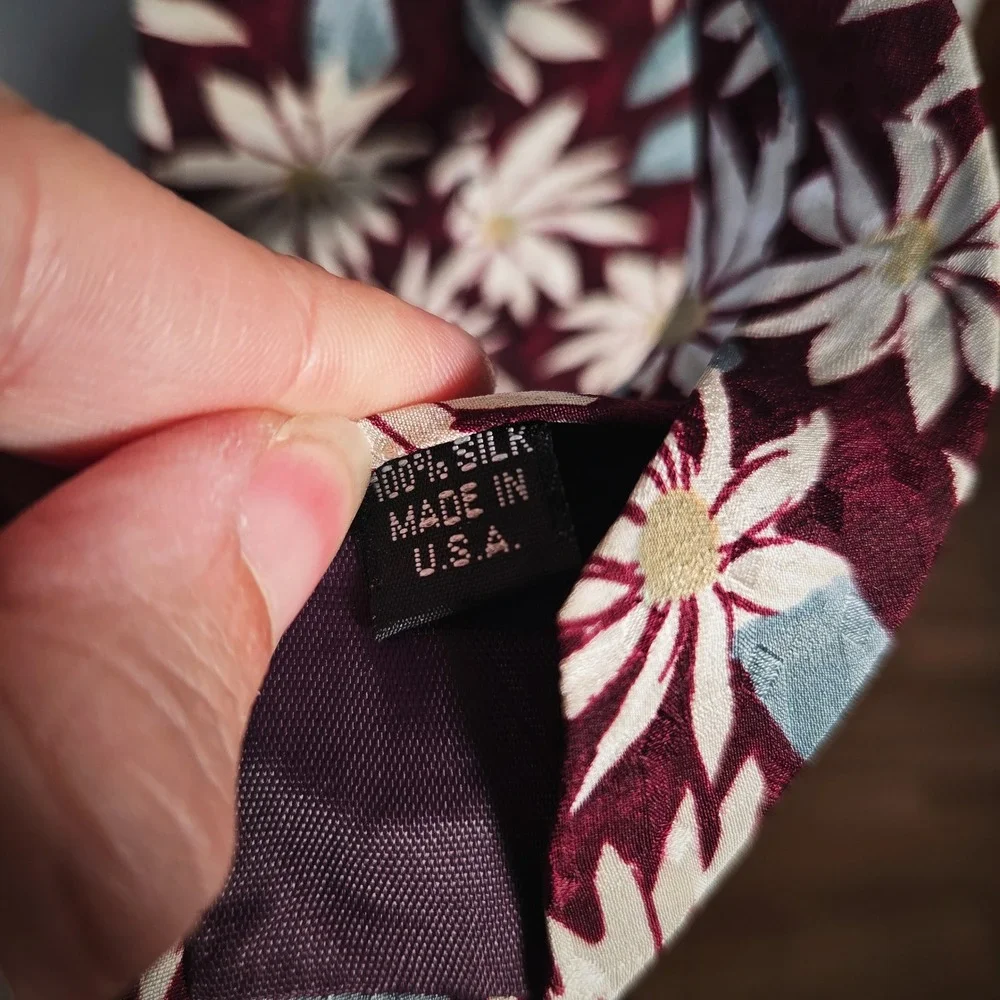 Structure Silk Tie Vintage 90s Floral Burgundy Red Blue Made in USA Men Tie